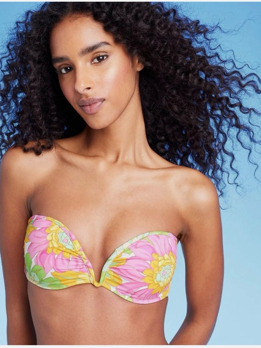 Shade & Shore Floral Bandeau Bikini Top in Pink, Yellow & Green
